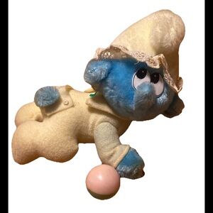 Vintage Applause Baby Smurf Plushy Doll 8" With Rattle TAGS 1983 Lace Bonnet EUC